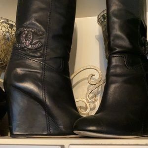 Chanel black calfskin wedge boots